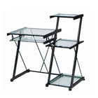 Office tempered glass metal computer desk with shelves and tray