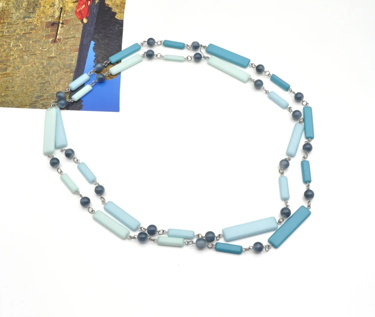 2021 blue color double layer resin acrylic necklace women long plastic round beads link chain necklace