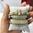 Men's Gold Crown Bracelet Set Brass Bangle CZ Crown Braided Macrame Bracelet