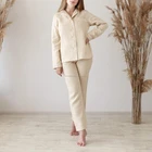 Wholesale Fashion Women's Turn-down Collar Long Sleeve Button Linen Cotton Pajamas Set