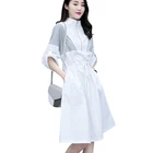 2019 Women Casual summer White Cotton Elastic Waist Contrast Stitching Dress