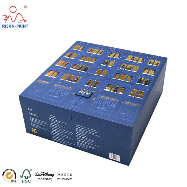 blue paperboard advent calendar packaging box with foil stamping