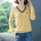 JianTong Women's Casual Basic Bee Design V Neck Breathes Loose Long Sleeve School Uniforms Knit Pullover Ladies Sweater