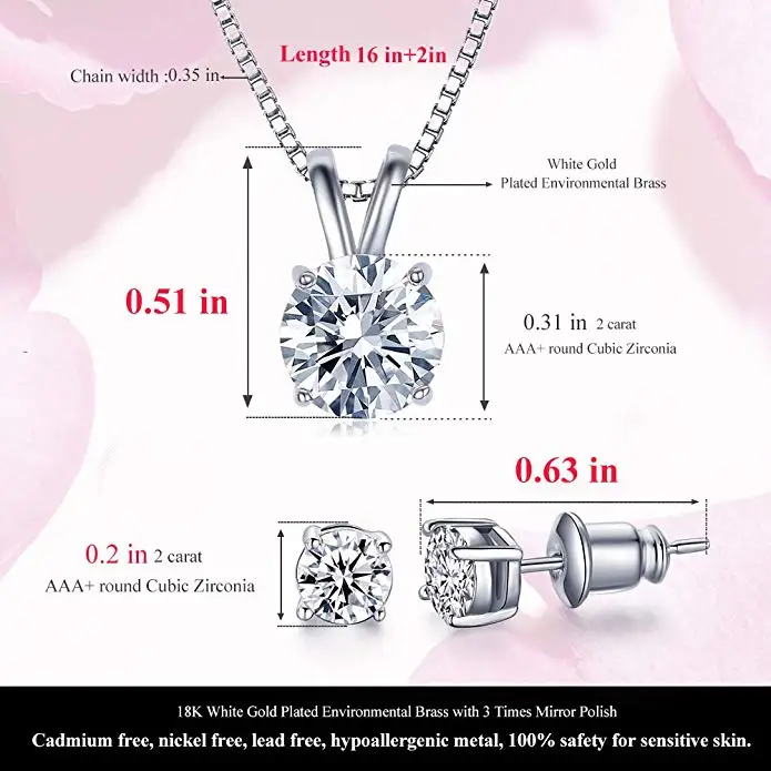 18K White Gold Plated Cubic Zirconia Jewelry Set For Women-2 Carat CZ Solitaire Pendant Necklace