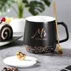 Novelty White And Black Ceramic Coffee Mug with Heart Lid and Gold Spoon for Birthday Gift