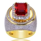 Mens fancy red gemstone jewelry 18K gold plated zircon cz long finger ring hip hop rings