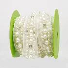 Hot selling white rhinestone beaded pearl Organza Lace Trimming for wedding dress
