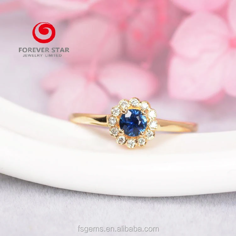 Beautiful Flower Style 925 Sterling Silver 18K Gold Plated Round Synthetic Sapphire and White Cubic Zirconia Finger Ring