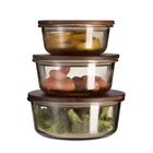 New design borosilicate acacia wood lid glass food storage container with airtight silicon gasket