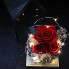 Gift Romantic Artificial Silk Rose In Glass Dome With Led Night Red Preserved Flower For Valentine's Day