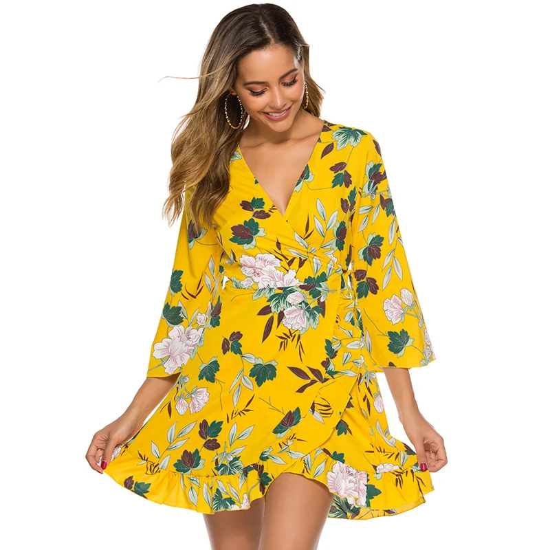 2019 nuevo estilo verano Playa Damas amarillo floral chiffon manga larga tela volantes Vestido corto vestido