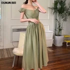 Summer women new French vintage V-neck dress Sexy off-shoulder lace-up high waist green ruffle dress