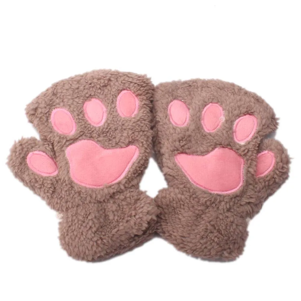 Baby Winter Thick Warm Gloves Outdoor Half Finger Gloves Cute Cartoon Cat Claw Gloves