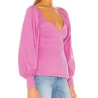 Tops Fashion Simple Style Sweatheart Neck Sexy Pink Long Puff Sleeve Tops Blouse Women
