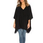 Ladies Casual Loose Fit Black Ponchos Capes Thin Lightweight Jumper Knitwear 3/4 Sleeve V Neck Pullover Womens Sweaters