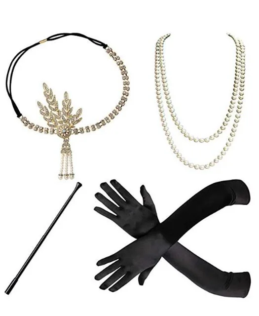 1920s aleta diadema para fiesta de Gatsby traje parte pelo accesorios sostenedor de cigarrillo de collar de perlas de Stock y guante