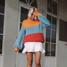 Wholesale long sleeve red yellow blue High collar pullover striped Sweater woman