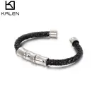 KALEN Silver Bamboo Bracelet Men Leather Bangle