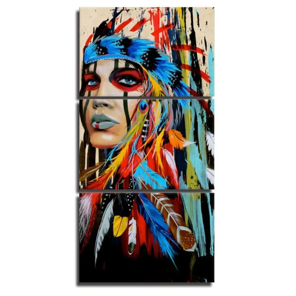 Indio Nativo americano de la lona de la pared del arte pinturas mujer chica de plumas huellas en panel 3 pieza pinturas para casa