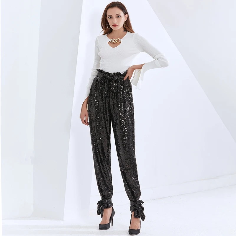 TWOTWINSTYLE ladies Pencil pants High Waist Straight Streetwear Casual Patchwork Sequin