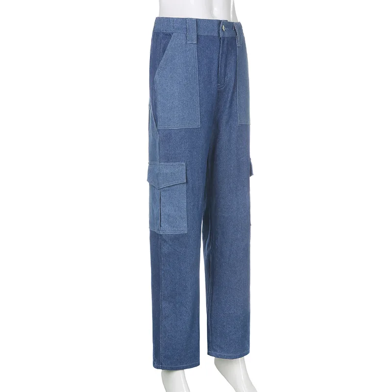 Factory Custom Womens Fashion Stitching Denim Jeans With Pockets Hip Hop Patchwork Straight Pants Jeans for Women