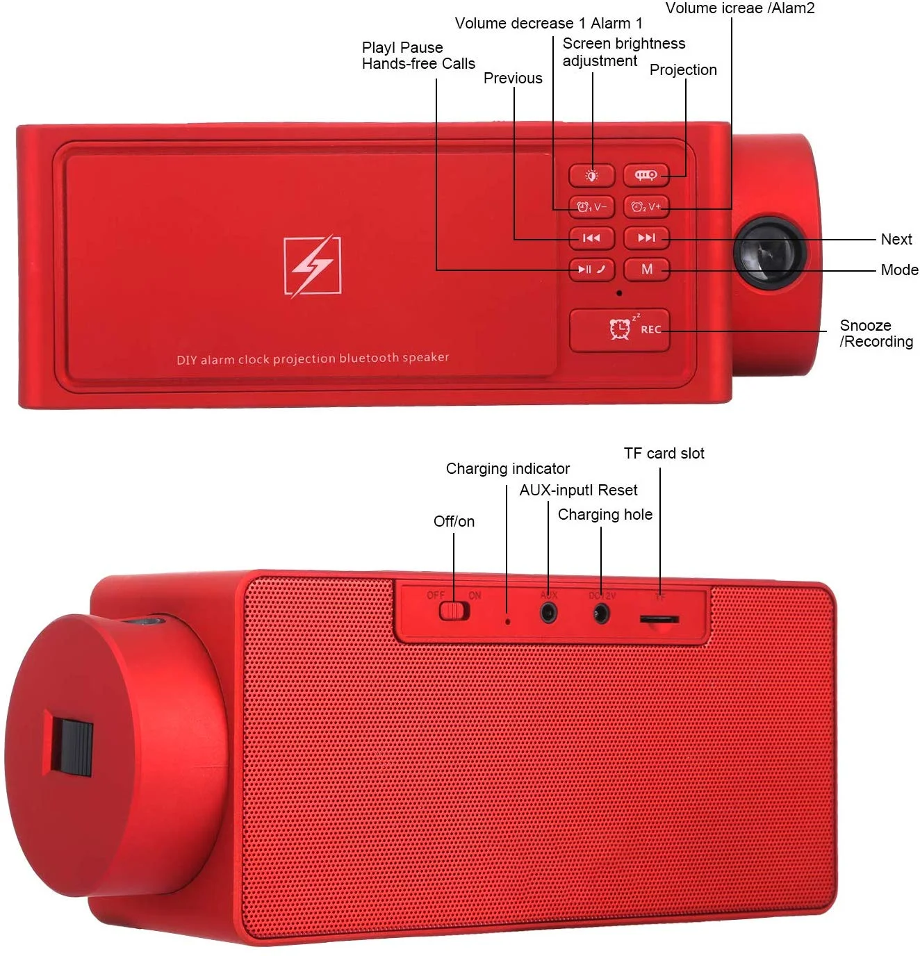S91S Projection Alarm Clock Bluetooth Speaker with Wireless Charging FM Radio AUX TF Card Input - ANKUX.COM
