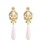 Women teardrop simulated pearl earrings green enamel hollowed geometric earrings for party brand jewelry