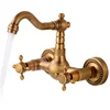 Double Lever Wall Mounted Bathroom Basin Faucet Brass Antique Hot Cold bath Mixer Taps