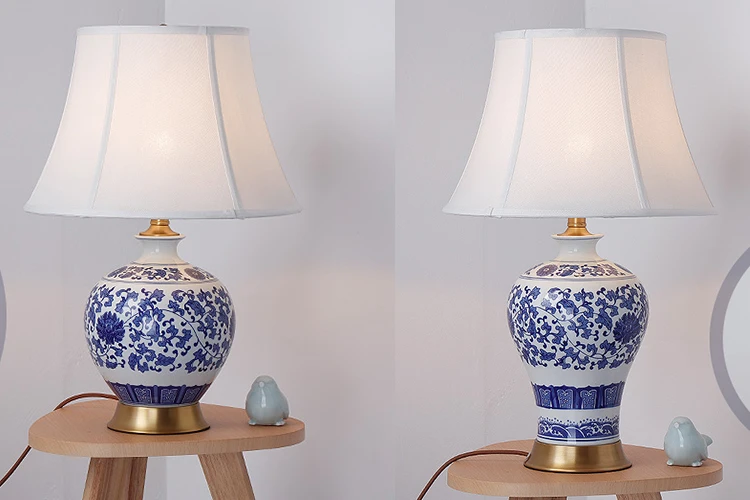 Hot sale Modern blue and white hotel home porcelain ceramics fabric shade table lamp