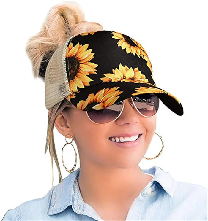 High Messy Buns Trucker Ponycap Hat Hallow Out Sunflower Mesh CrissCross Baseball-Mütze Damen Sonnenblume Baseball-Pferdeschwanz-Mütze