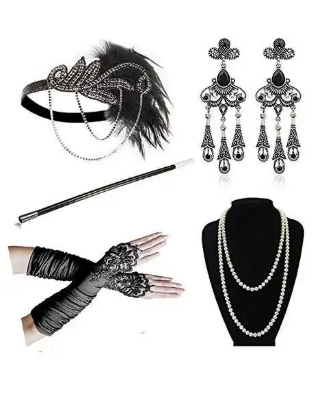 Ecoparty Roaring 20 s aleta 1920s gran Gatsby diadema de plumas titular de guantes collar de perlas accesorios de Kits
