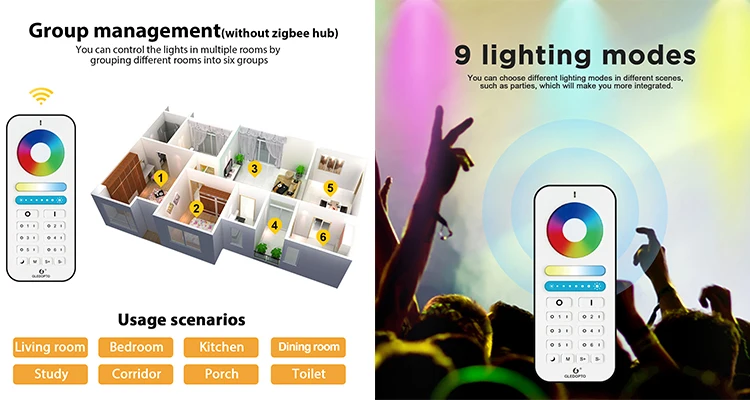 Gledopto GL-RC-006Z 2.4 G RF Remote Touch RGB Controller 9 Lighting Changing Modes RF Remote Control LED Lights For ZigBee 3.0 - ANKUX.COM