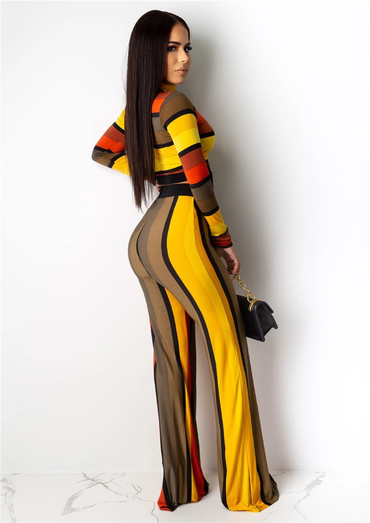 C90567 Fashion long sleeve t shirt wide leg pants color stripe printing two piece set for woman