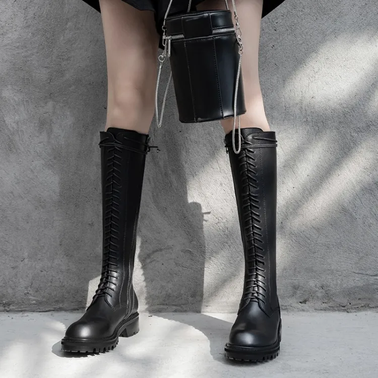 womens black leather knee high lace up boots