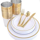 Disposable Rose Gold Dinnerware Set, Gold Rim Plastic Plates for Wedding Party, Wedding Party Plates
