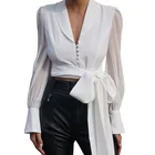 2019 wholesaler soild white puff long sleeve French lace-up deep v-neck evening sexy elegant casual women shirt blouse