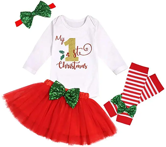 Baby mein 1st weihnachten outfit kleine mädchen strampler top rock legging mit stirnband kleidung set