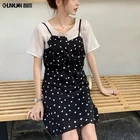2019 Summer women dress short sleeves chiffon top and Bow-tie spaghetti straps casual dress