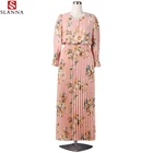 Slanna Modefashion a Line Long Sleeve High Waist Long Floral Dress With Chiffon Pleated Dress For Muslim Women