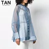 2019 Autumn New Trendy Ins Women Silk Organza Blouse Coat Oversized Batwing Sleeve Patchwork Blue Ladies Long Shirt