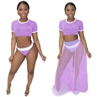Three pieces Women Swimwear High Waist Bikini Crew Neck beach Swimsuit cover up Gauze 2019 Female set Bather Bathing Suit
