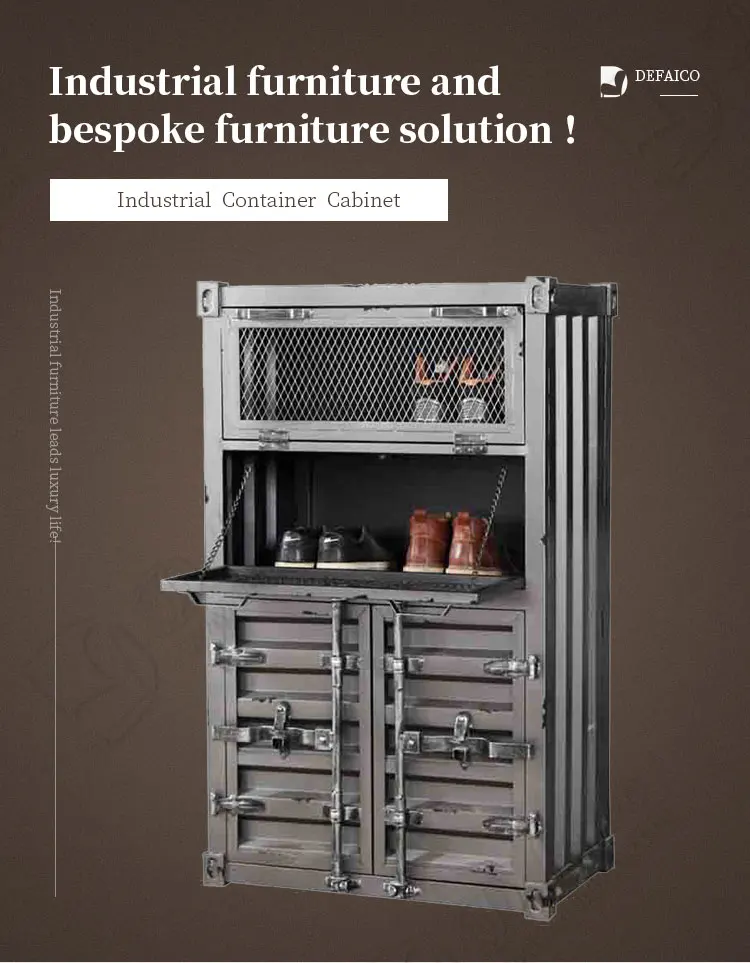 High Vintage Drop Shipping Container Design Double Door Storage Distressed Metal Cabinet/Bookshelf