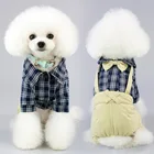Dog Plaid Jumpsuit With Bow Gentle Overalls Formal Puppy Outfits Costume Western Four Legs Pet Cats Clothes