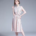 2019 summer fashion light mature collect waist round neck sleeveless printed dress