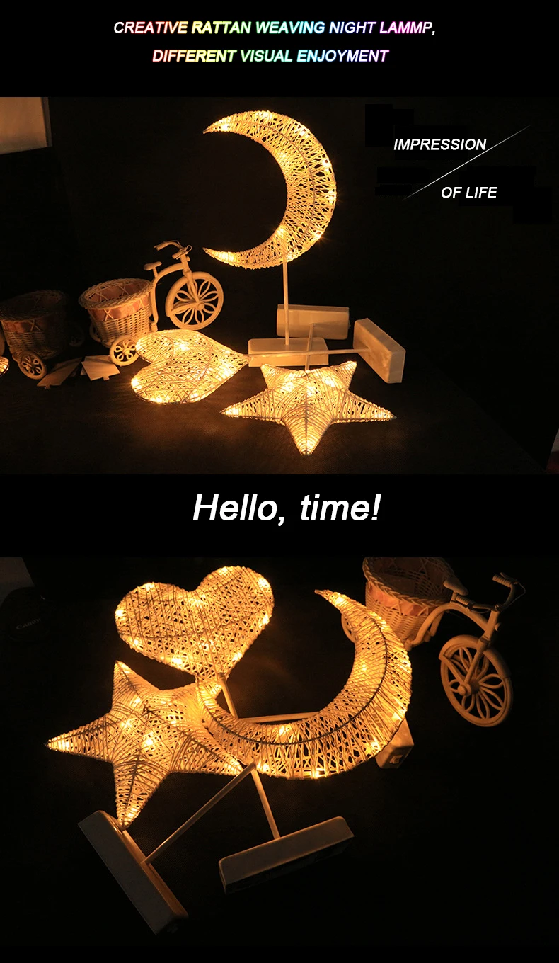lovely star heart model led night light battery rattan woven