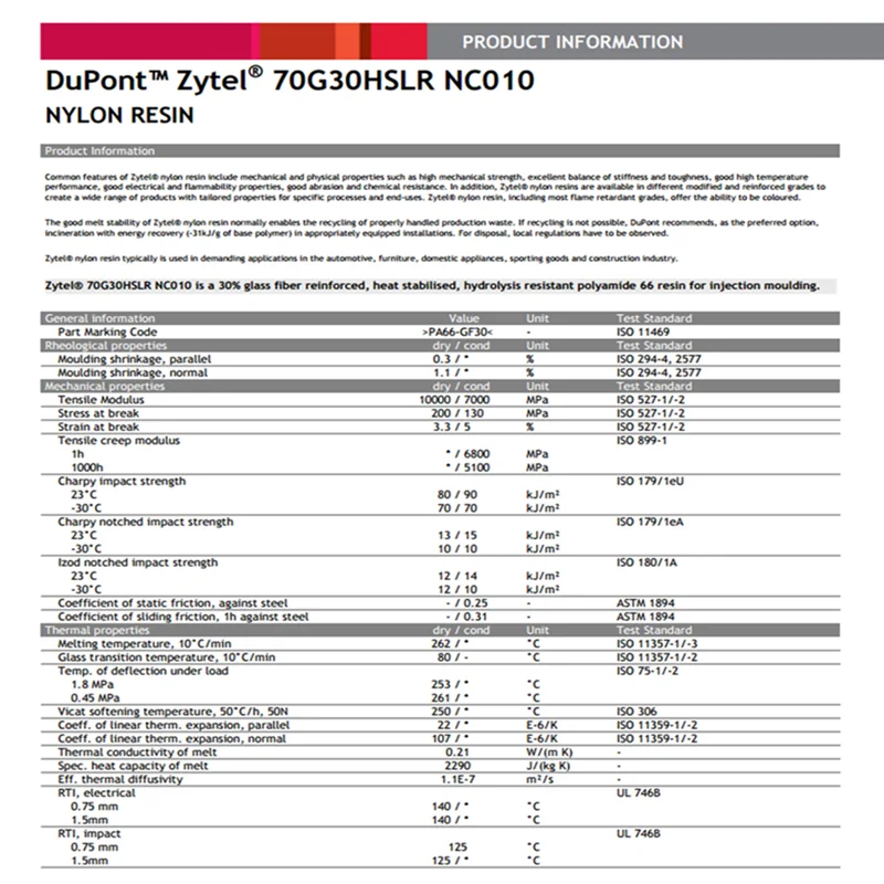 Original Dupont Zytel 70g30hslr Nc010 Injection Molding Pa66 Gf30