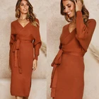 2019 Autumn Clothing Wrap Belted Midi Vestidos Long Sleeve V Neck Split Knitted Sweater Dress For Women