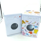 washing machine shape laundry powder storage box packaging metal tin with plastic handle and body window