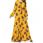 Hot Selling Ethnic Abaya Bridal Wedding Long Women Party Lady Muslim Fashion Yellow Floral Print Maxi Dress