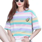 custom wholesale Mid-length cotton 100% embroidered striped t-shirts korean clothing women 2020